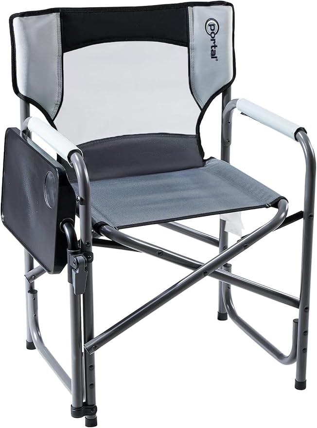 Portal Folding Director Chair with 2-Way Rotating Side Table, Heavy Duty 300 lb Camping Chair with Swivel Tray & Cup Holder, Ergonomic Mesh Back Portable Outdoor Seat for RV, Tailgating & Lawn, Grey