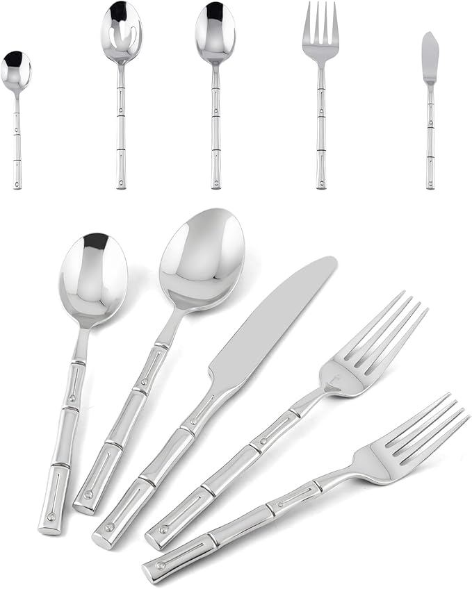 Flatware Serving Set Silverware Set Stainless Steel Cutlery Set Bamboo Pattern Mirror Finished 45 Pieces Party Event Use Wedding Housewarming Gift Service for 8