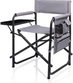 Picnic TIME Sports Chair with Side Table and Armrest Caddy, Lightweight Aluminum Folding Outdoor Camping Chair for Adults, Portable Director Style Lawn Seating with Pockets & Carry Strap, (Gray)