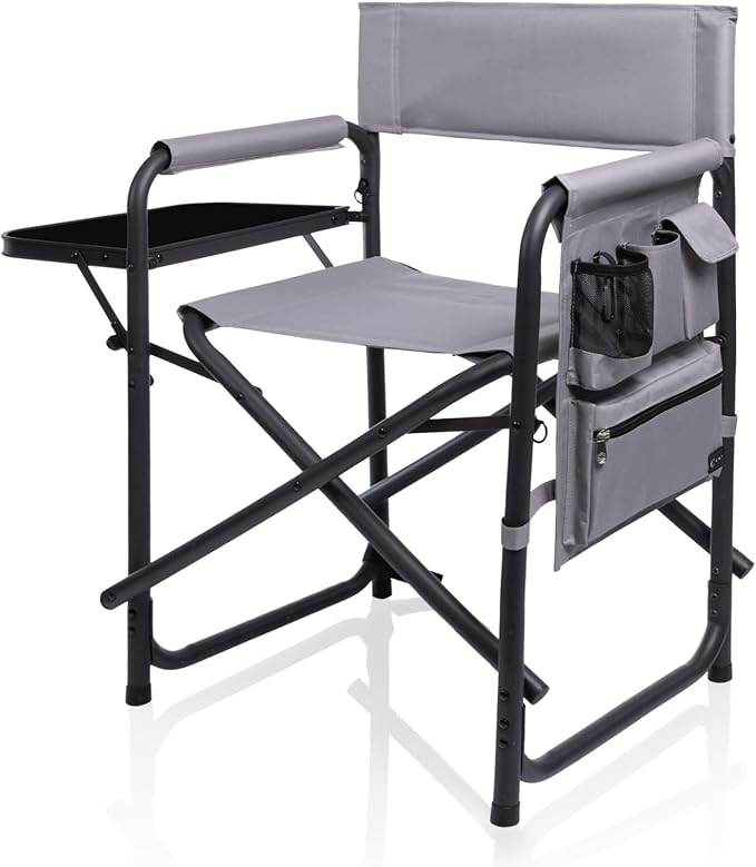 Picnic TIME Sports Chair with Side Table and Armrest Caddy, Lightweight Aluminum Folding Outdoor Camping Chair for Adults, Portable Director Style Lawn Seating with Pockets & Carry Strap, (Gray)