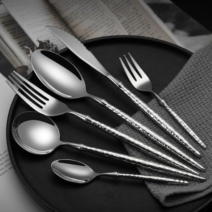 Cutlery Set Pieces Service Stainless Steel Titanium Flatware,Silverware Flatware Cutlery Set, 6/24/36/48/60/72pcs Stainless Steel 304 Tableware Creative Hammer Pattern Light Luxury Hotel Me