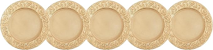 150 Pcs 13 Inch Gold Charger Plates, Bulk PP Wedding Chargers with Floral Reef Design Decorative Round Ruffled Rim Dinner Plates for Wedding Party Event Table Setting Decoration