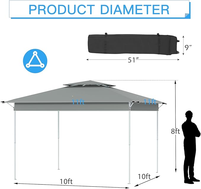 ECOTOUGE 11FT Canopy Tent Instant Shelter Canopy with Carrying Roller Bag, Outdoor Party Gazebo with Waterproof and UV Resistant for Parties, Camping, Picnic, Dark Grey