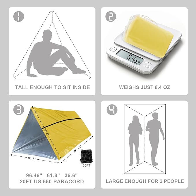 1-Pack Survival Life Tent - 1Person Mylar Shelter, Tube Tent with Paracord, All-Weather for Camping, Hiking, Survival Kits-Yellow