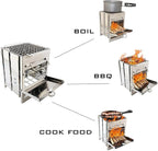 Camping Wood Burning Stove with Grill, Collapsible Backpacking Survival Rocket Stove Stainless Steel Campfire Stove for Outdoor Cooking Picnic Hiking BBQ (Sliver-Small)