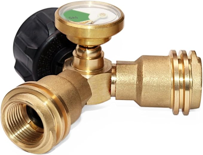 DOZYANT Propane Splitter, Propane Tank Y Splitter Adapter with Gauge, 2 Way LP Gas Adapter Tee Connector for 20lb Propane Tank Cylinder, Work with BBQ Grills, Camping Stoves, Gas Burners, Heater