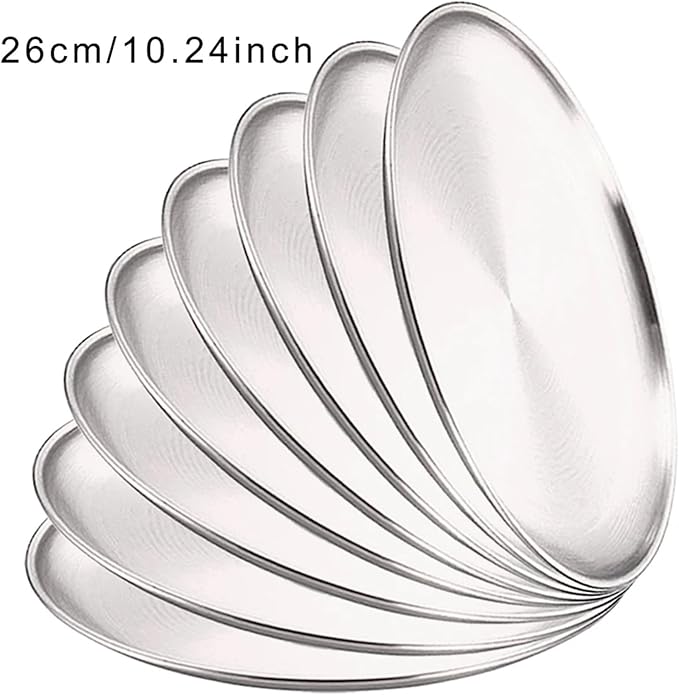 Stainless Steel Plates 8Pcs Metal Dining Dish Stainless Steel Round Plate Shallow Tray BBQ Picnic Camping Food Container Tableware Set(26cm Silver)