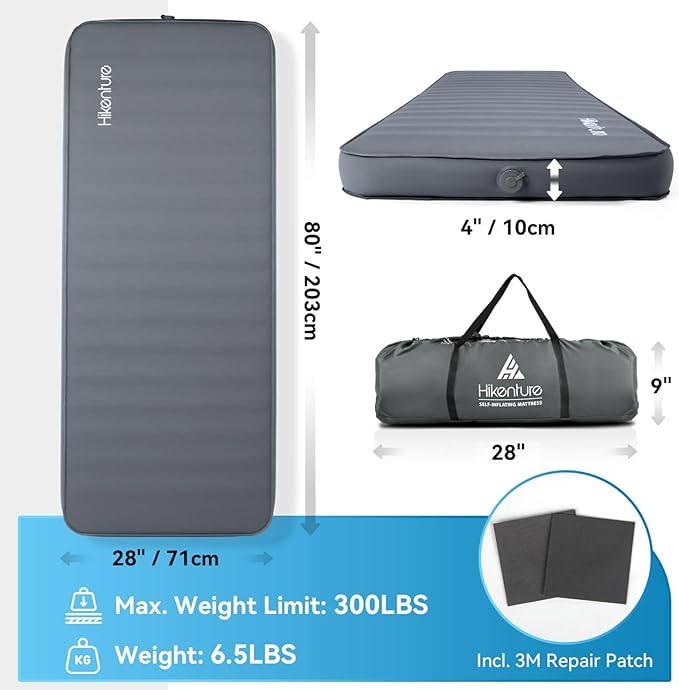 Hikenture 4 INCH Thick Self Inflating Sleeping Pad 9.5 R Value, Comfort Plus Camping Mattress with Pump Sack, Inflatable Foam Insulated Camping Pad, Camping Mat 4-Season
