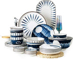 Pottery Tableware,Blue Printed Ceramic Dinnerware Sets Porcelain Combi-Set Dinner Plates Dessert Plates Cereal Bowls Salad Bowls