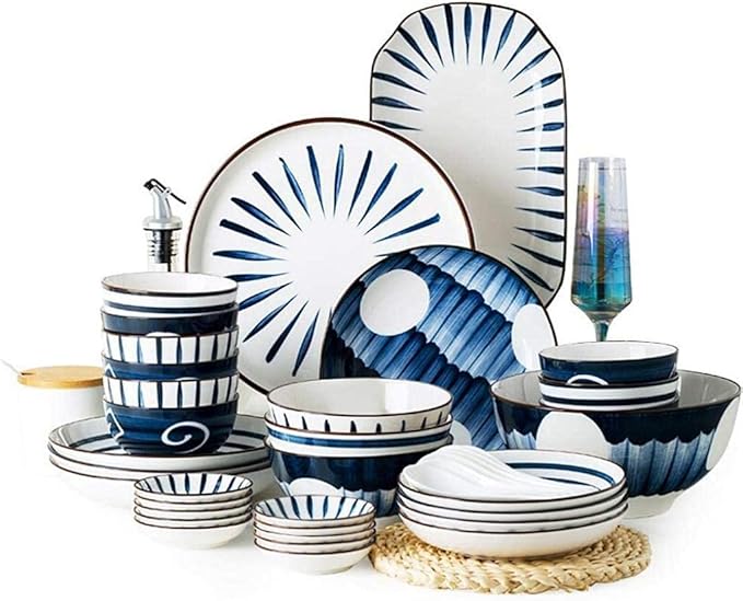 Pottery Tableware,Blue Printed Ceramic Dinnerware Sets Porcelain Combi-Set Dinner Plates Dessert Plates Cereal Bowls Salad Bowls