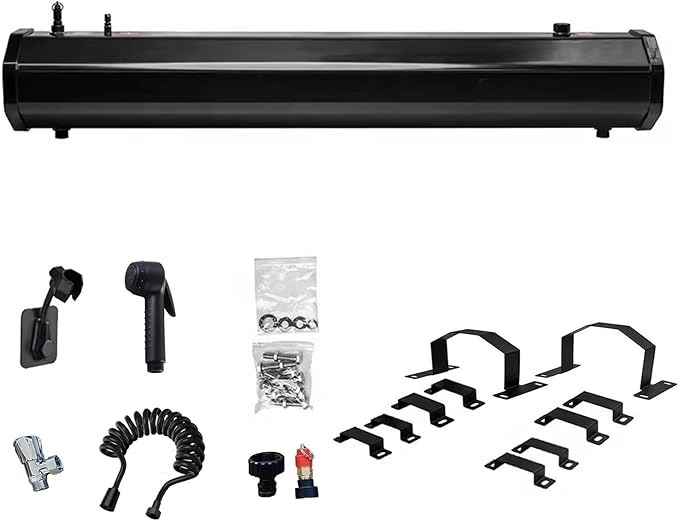 Pressurized Camping Shower with Solar Heating, Portable Water Tank for Outdoor Activities Including Overlanding, Surfing, and Fishing