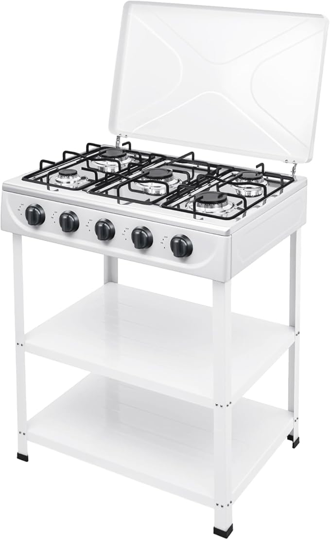5 Burner Natural Gas Burner Portable Camping Stove Manual Ignition Gas Stove with Support Leg Stand and Wind Blocking Cover for RV, Apartment, Outdoor Cooking