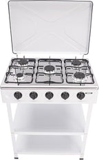 Natural Gas Stove, 12.5KW 5-Burner Camping Stove with 5 Fire Adjustment Knobs and 2 Tiers Storage Rack, Portable Gas Cooktop Outdoor Cooking Tool for Camping Fishing Travel, White