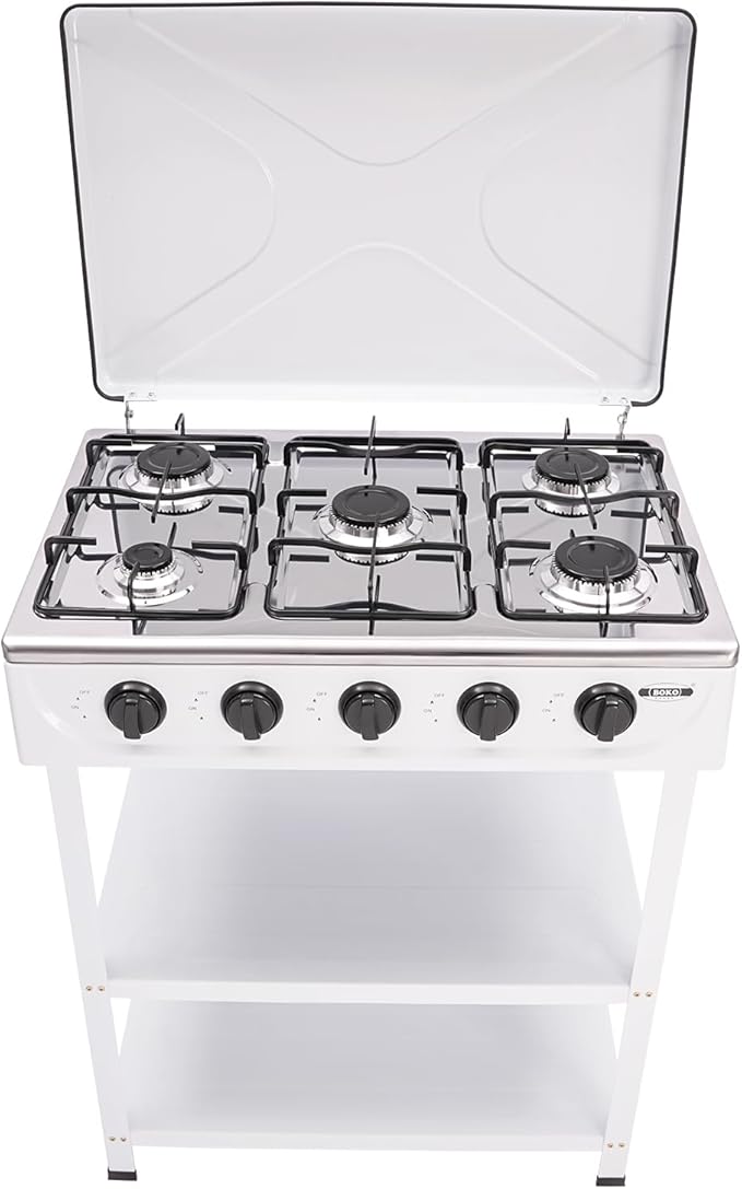 Natural Gas Stove, 12.5KW 5-Burner Camping Stove with 5 Fire Adjustment Knobs and 2 Tiers Storage Rack, Portable Gas Cooktop Outdoor Cooking Tool for Camping Fishing Travel, White