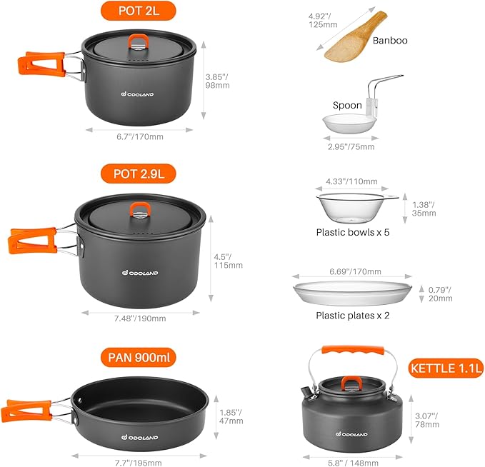 Odoland 15pcs Camping Cookware Non-Stick Lightweight Camping Pots and Pans Set with Kettle Plastic Plates Bowls Soup Spoon for Camping, Backpacking, Outdoor Cooking and Picnic