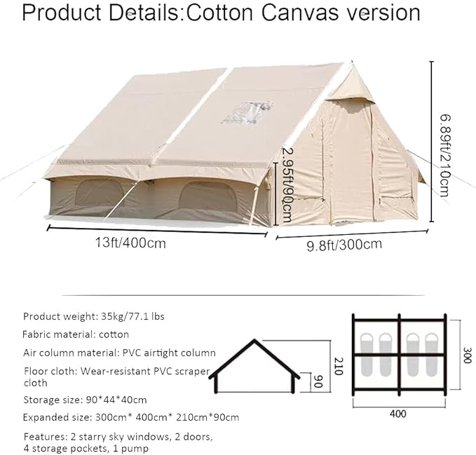Large Luxury Inflatable Camping Tent Cotton Canvas Tent, Breathable and Waterproof Air Tent with Skylight and Stove Jack Hole for for 4-6-8-10 Person Family Camping