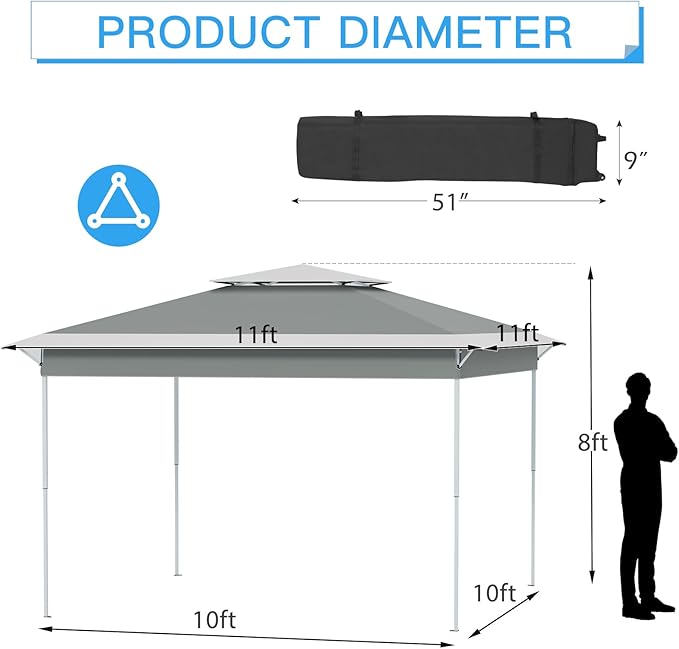 ECOTOUGE Canopy Tent Instant Shelter Canopy with Carrying Roller Bag, Outdoor Party Gazebo with Waterproof and UV Resistant for Parties, Camping, Picnic (Grey-White, 11FT)