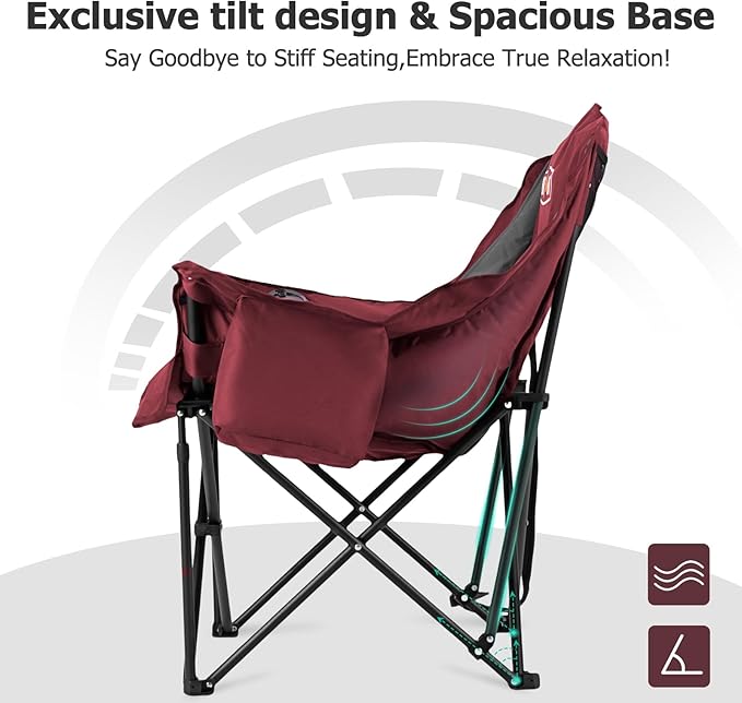 Overmont Oversized XL Camping Chair for Adults - 400lbs Support Heavy-Duty Padded Folding Chair with Side Pocket Cup Holder Cooling Bag for Outdoor Sports Garden Beach Fishing Lawn Red