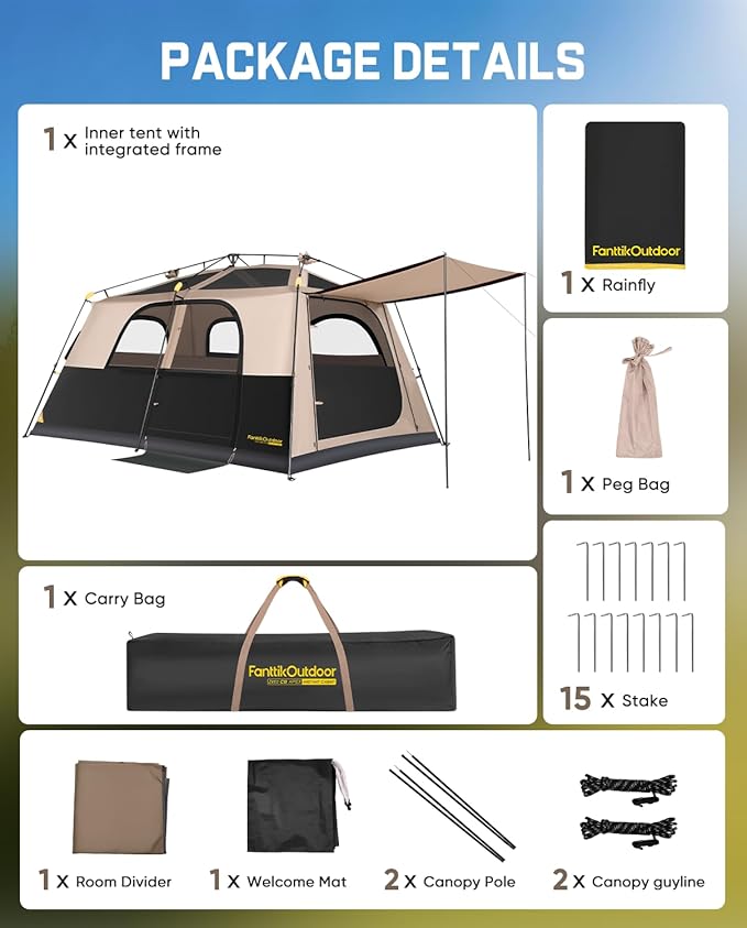 FanttikOutdoor Zeta C8/C10 Apex Camping Tent, 8/10 Person Instant Cabin Tent Setup in 60s, Family Tent with Carry Bag for Family Camping & Hiking, Waterproof, Upgraded Ventilation