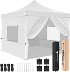 Yesker 10x10 Pop Up Canopy Tent with 4 Sidewalls Portable Folding Outdoor Canopy Easy Setup Gazebo Waterproof Instant Popup Shelter Tent w Wheel Carry Bag sandbags for Events Parties Camping, White