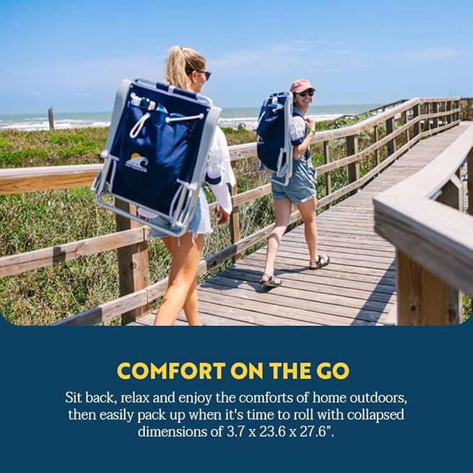 GCI Outdoor Backpack Beach Chair | Reclining Folding Chair with Durable Armrests, Drink Holder & Carry Straps, Perfect for Beach Trips & Picnics — Nautical Blue