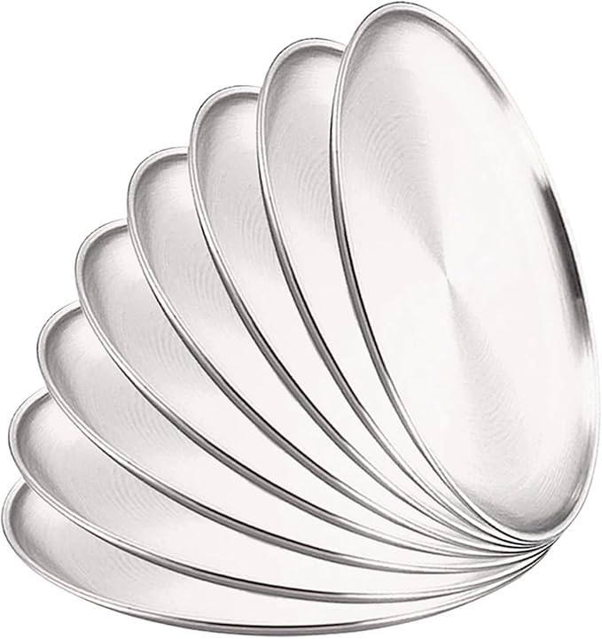 Stainless Steel Plates 8Pcs Metal Dining Dish Stainless Steel Round Plate Shallow Tray BBQ Picnic Camping Food Container Tableware Set(23cm Silver)