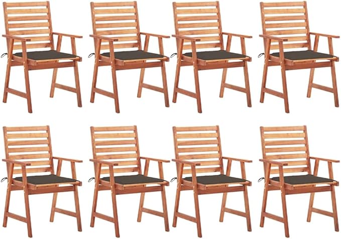 Patio Dining Chairs 8 pcs,Lawn Chair,Camping Chair,Garden Chair,Featuring Slatted Design,Waterproof Cushion,Each Cushion Features 2 Sets of Ropes, with Cushions Solid Acacia Wood