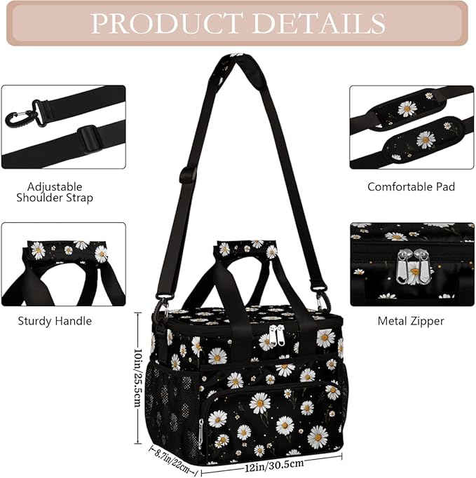 Pardick Daisy Flower Black Soft Cooler Bag Insulated Lunch Box for Men & Women, Large Leakproof Lunch Bag Portable Beach Cooler for Work, Picnic, Road Trips,Fishing, Travel, Camping,A-12