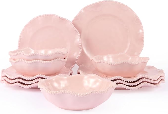 Melamine Dinnerware Sets Service for 4, Cream Plates and Bowls Set with Beaded Edge, BPA Free Dishwasher Safe, Heavy Duty Shatterproof Unbreakable Tableware for Wedding Party Camping Outdoor