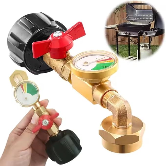 Propane Refill Adapter for 1 lb Tanks, 20lb to 1lb Converter with Gauge Valve, Brass Elbow Propane Tank Refill Adapter for BBQ Grill Stove Camping