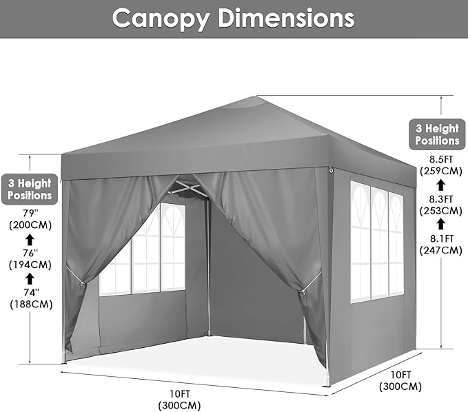 COBIZI Canopy 10x10 Pop Up Canopy Tent with 4 Sidewalls Party Tents for Parties Weddings Backyard Waterproof Canopy Outdoor Commercial Canopy Event Tent with Stakes, Ropes, Grey