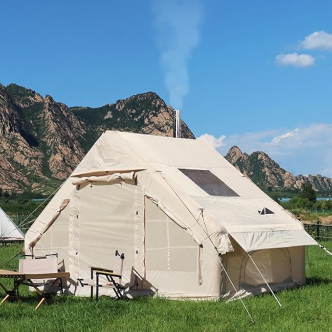 Large Luxury Inflatable Camping Tent Cotton Canvas Tent, Breathable and Waterproof Air Tent with Skylight and Stove Jack Hole for for 4-6-8-10 Person Family Camping