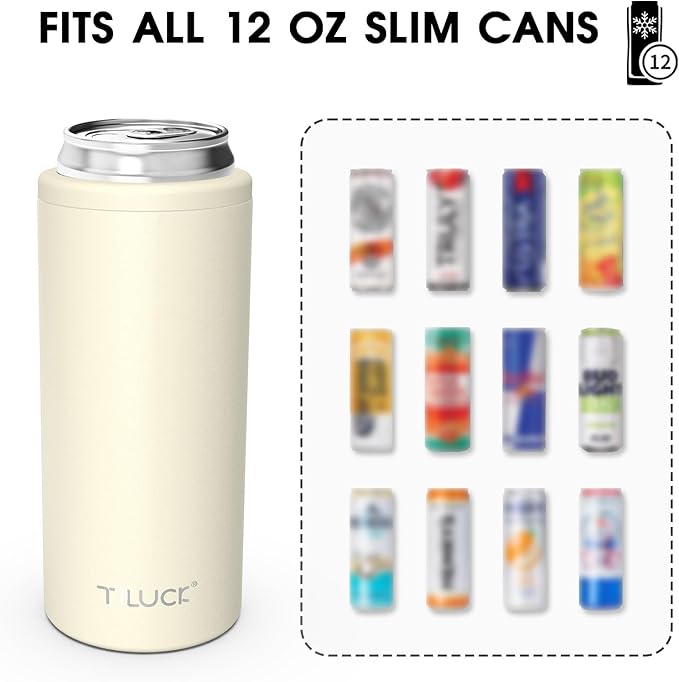 TILUCK Skinny Can Cooler for Slim Beer & Hard Seltzer, Stainless Steel, Doucle-Walled Stainless Steel Insulated Slim Cans, Standard 12 oz (Frosted Beige)