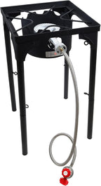 GasOne Propane Single Burner Camp Stove with High Temp Paint & Red QCC Steel Braided Regulator with Height Adjustable Leg