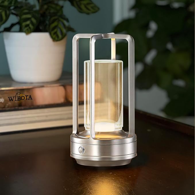 Portable Metal Table Lamp,Rechargeable Cordless LED Lamp for Indoor Outdoor, 3 Colour 4000MA Infinitely Dimming Battery Powered Small Desk Lamp, Restaurant Bedroom Bar Coffee Shop Camping Light-Silver