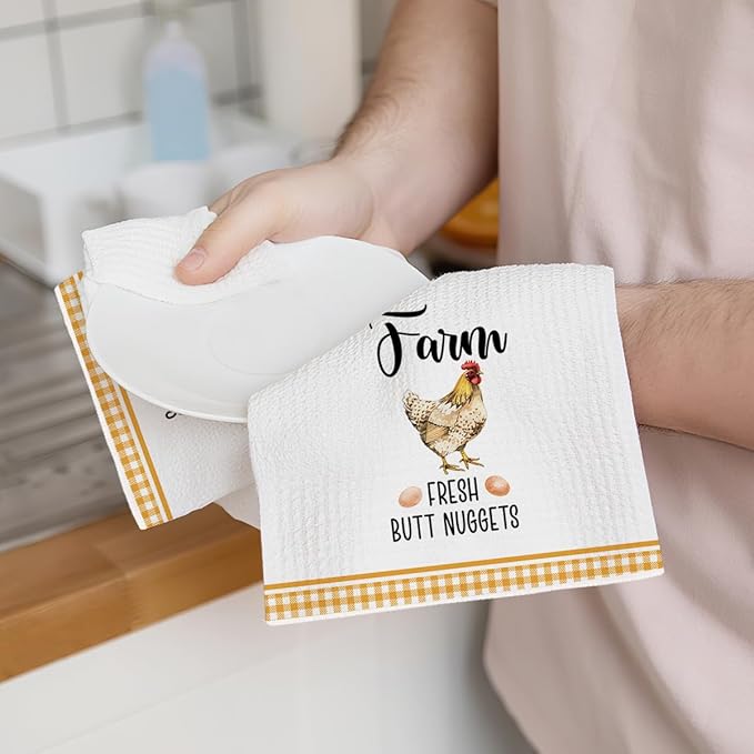 2Pcs Funny Kitchen Towels 24x14 Inch, Rooster Chicken Kitchen Decor Waffle Weave Hand Towels for Farmhouse, White Absorbent Microfiber Dish Cloth Tea Towel Chicken Gifts for Women Mom 4