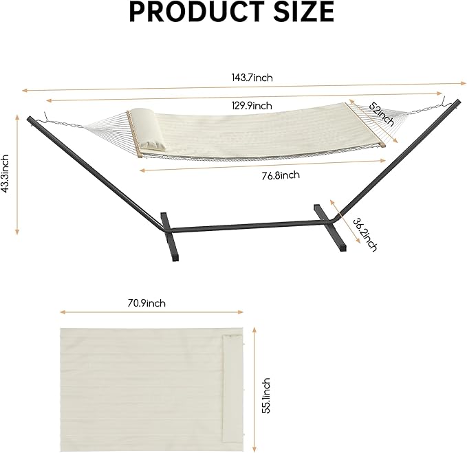 Heavy Duty 2 Person Double Hammock with Portable Adjustable Steel Stand, Outdoor Hammock with Pillow for Patio, Garden, Beach, Backyard Camping