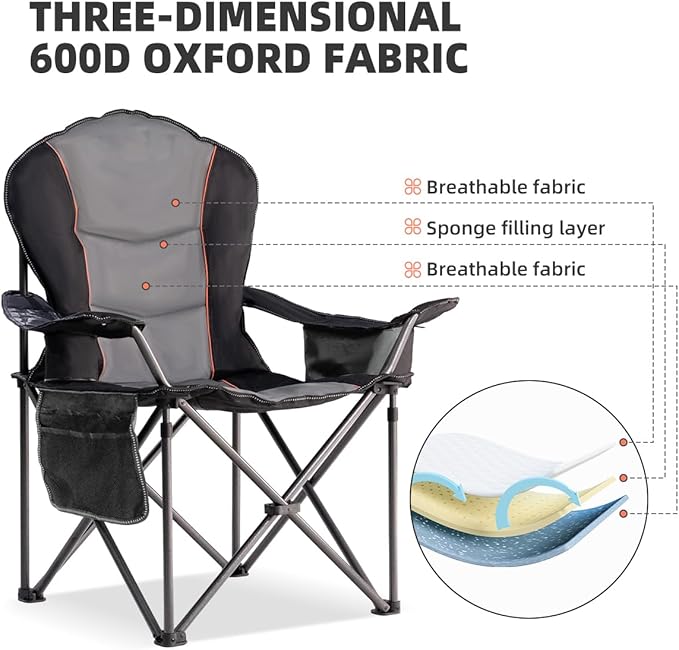 Large Camping Chair with Side Table Heavy Duty 500LBS - Folding Outdoor Chair with Cooler Bag (Black & Gray, 2 PCS)