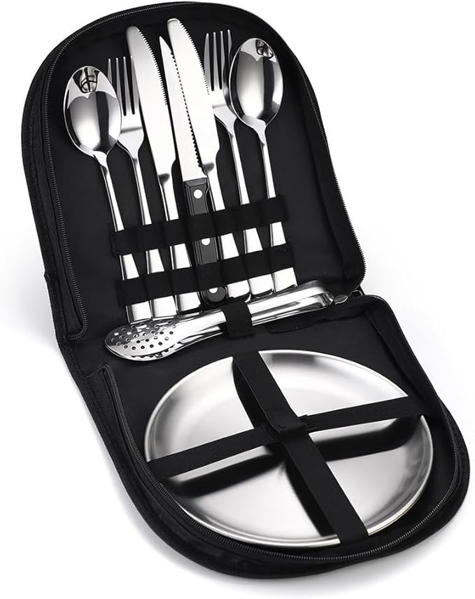 Stainless Steel Fork Spoon Portable Outdoor Camping Barbecue Plate Tableware Set of 10 Pieces