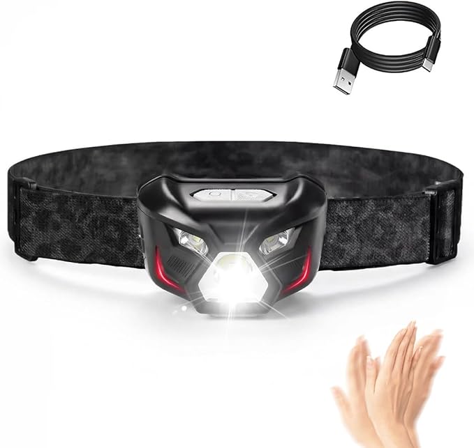 Headlamp Rechargeable - Super Bright LED Head Lamp with Red and White Light for Adults Motion Sensor Streamlight Head Light with Night Buddy Running Camping Hunting Hiking Fishing (Black Panther)