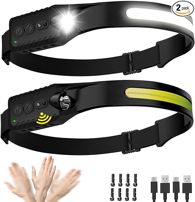 Headlamp Rechargeable (2-Pack), LED Head Lamp Flashlight, 230° Wide Beam Headband Light, 400 Lumen Super Bright, USB-C Rechargeable Lightweight Headlight for Running, Fishing, Hiking, Camping