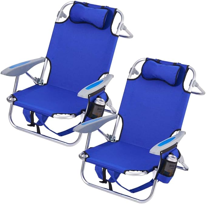 2PC Portable Beach Chair for Adults, 5 Position Backpack Folding Camping Chairs for Outdoor, Beach Chairs with Backpack Straps, Blue