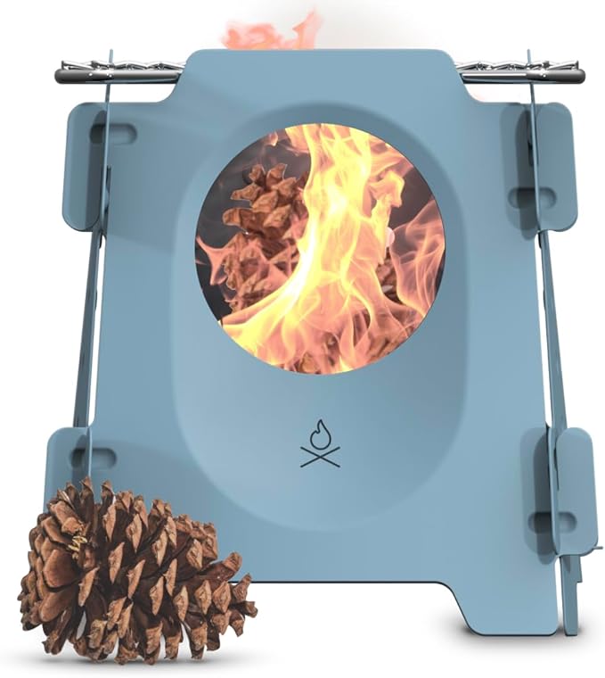 Überleben | Stöker Wood Burning Camping Stove – 18oz Flatpack Stainless Steel Wood Stove for Backpacking, Hiking & Outdoor Cooking – Portable, Folding Camping Essentials (Smokey Blue)