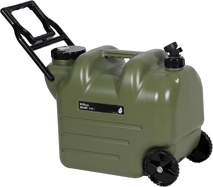REDCAMP 7.4 Gal Water Container with Wheels & Spigot | Portable Rolling Emergency Camping Water Jug with Folding Handle | BPA Free Food Grade Water Storage Tank for Camping, Hiking(28L, Green)