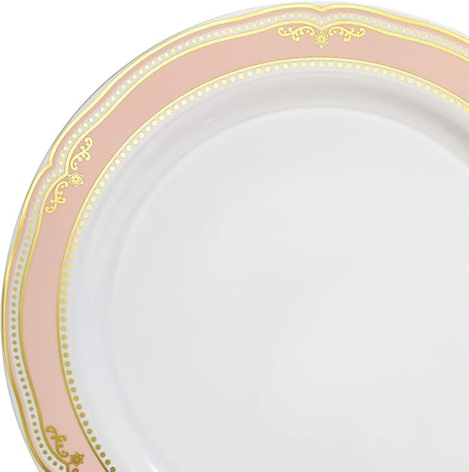" OCCASIONS " 50 Plates Pack (25 Guests)-Wedding Party Disposable Plastic Plate Set -25 x 10.25'' Dinner + 25 x 7.5'' Salad & Dessert plates (Scalloped in White/Blush & Gold)