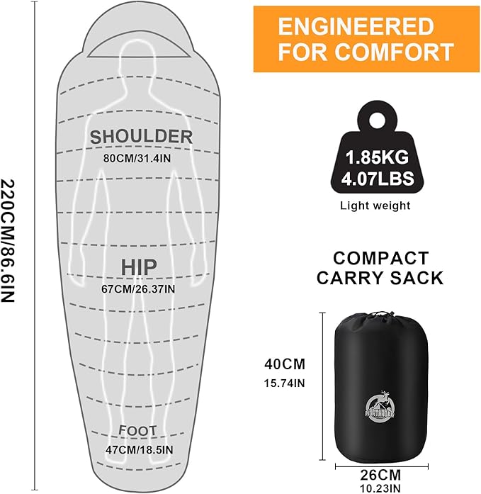 Northroad Mummy Sleeping Bag 14-59 ℉, 3-4 Season Warm & Cool Weather, Summer Spring Fall Lightweight Washable Sleeping Bag for Outdoor Camping Hiking Travel Hunting