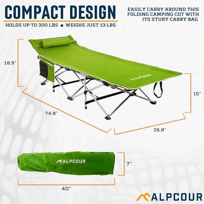 Alpcour Folding Camping Cot – Deluxe Collapsible Single Person Bed in a Bag w/Pillow for Indoor & Outdoor Use – Ultra Lightweight, Comfortable, Heavy Duty Design Holds Adults & Kids Up to 300 Lbs