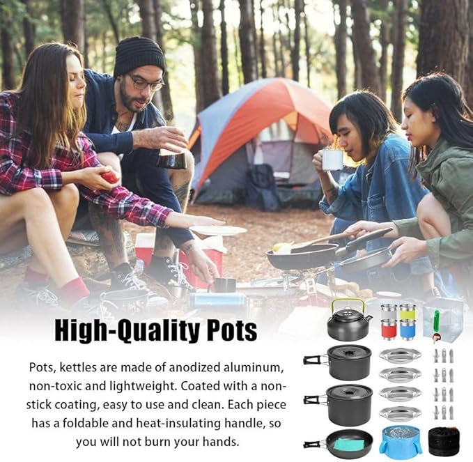 Camping Tableware Set 4 Person Outdoor Picnic Cooking Supplies with Bucket Bowl Pans Fold Knife Fork Cookware 29PCS Kit