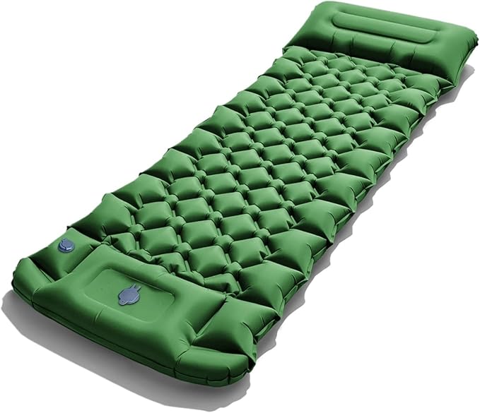 2026 Thicken Inflatable Camping Sleeping Pad with Pillow - Built-in Foot Pump Moisture-Proof Tent Mattress Bed(T2366Army Green)