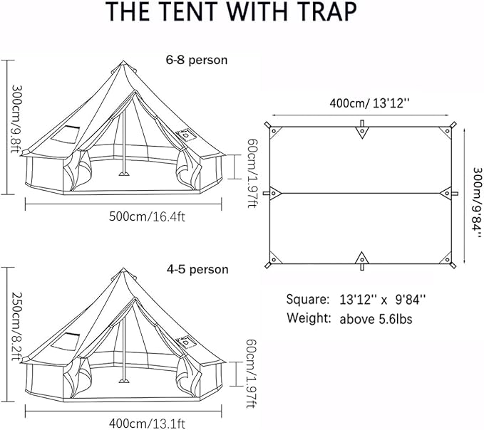 Bell Tent Set with Tent Tarp for 4 Season Camping, 300D Oxford Waterproof Yurt Tents with Porch and Top Stove Jack Living 4/6Person Family Tents